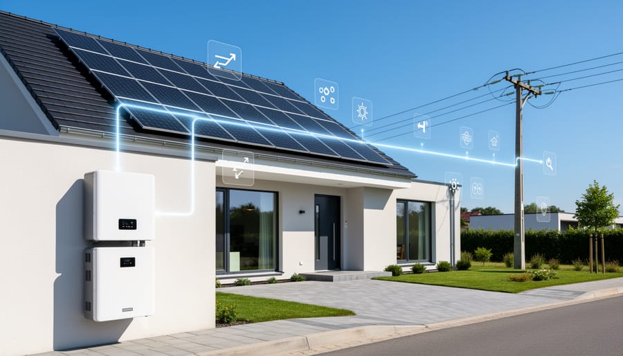 Solar panels installed on residential roof with utility grid connection visible