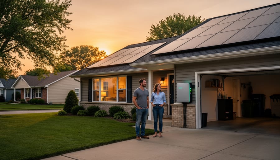 Illinois home with solar panels illuminated at dusk showing energy independence