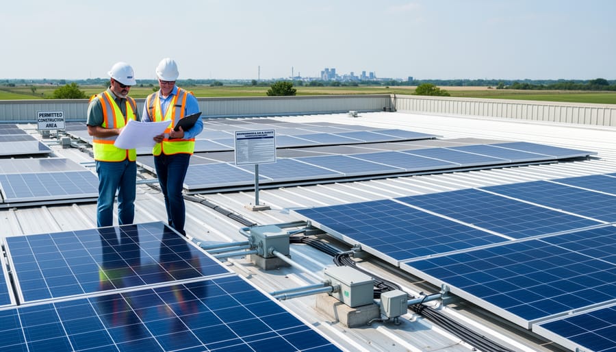 Construction worker installing solar panels on commercial building rooftop
