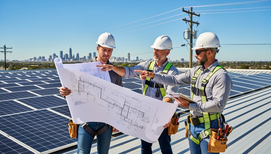 Homeowner and solar installer discussing project details with installed solar panels visible on house