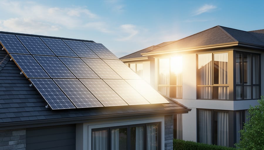 Solar panels on residential roof creating glare reflection visible from neighboring property