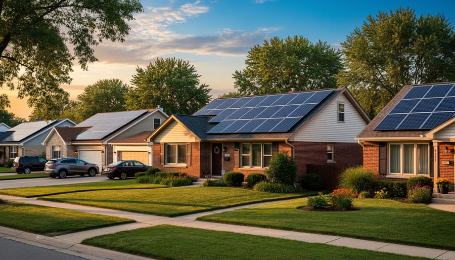 Aerial view of Illinois residential neighborhood with solar panels on multiple homes