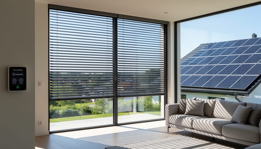 Residential solar panel installation with smart blinds visible on windows below demonstrating integrated energy systems