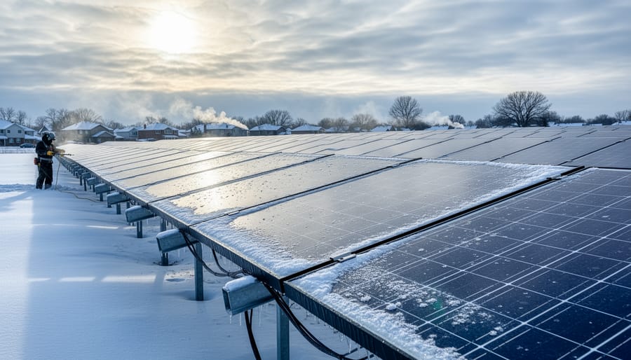 Solar panel array on commercial rooftop during overcast winter conditions