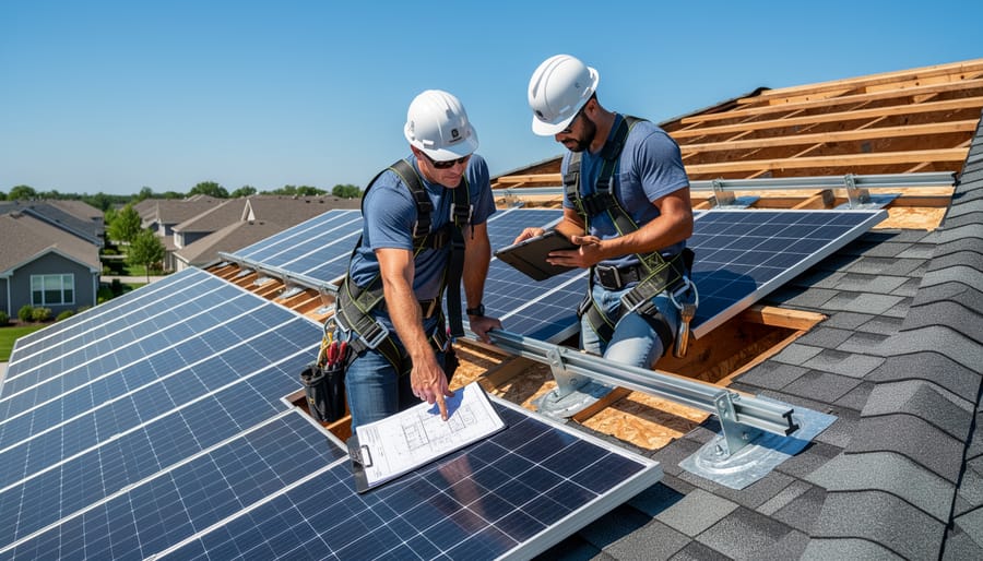 Close-up of solar panel mounting hardware and roof structural installation details