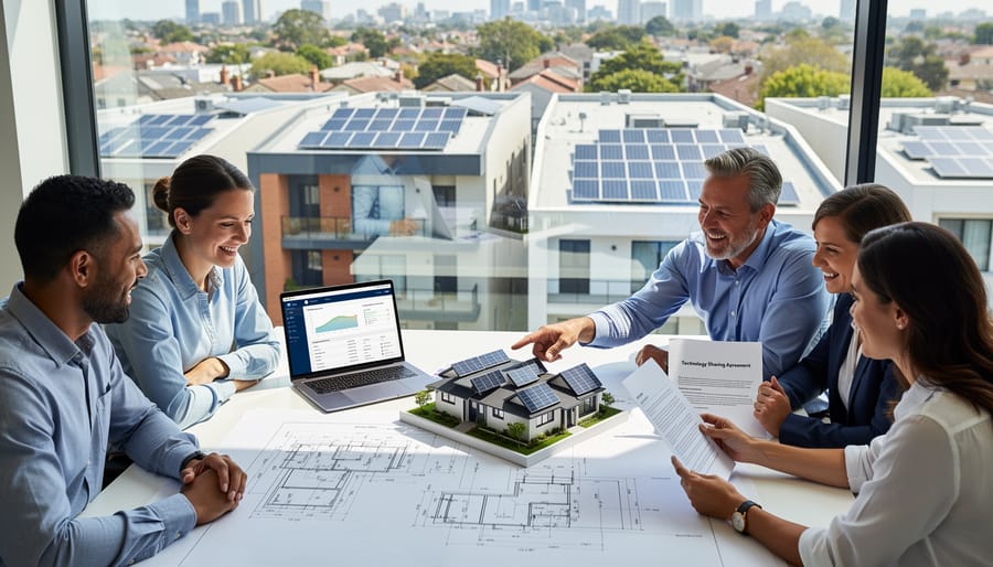 Group of homeowners collaborating on residential solar energy project