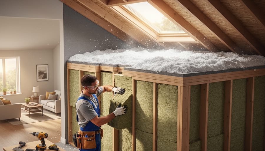 Worker installing pink fiberglass insulation between wall studs