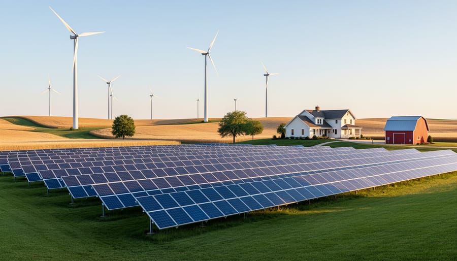 Building-integrated wind turbine and solar panels on modern commercial property