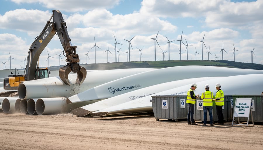 Decommissioned wind turbine blades awaiting recycling showing composite material construction