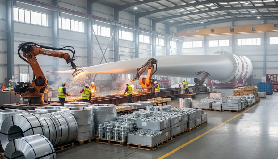 Large wind turbine components laid out on manufacturing floor with workers showing scale