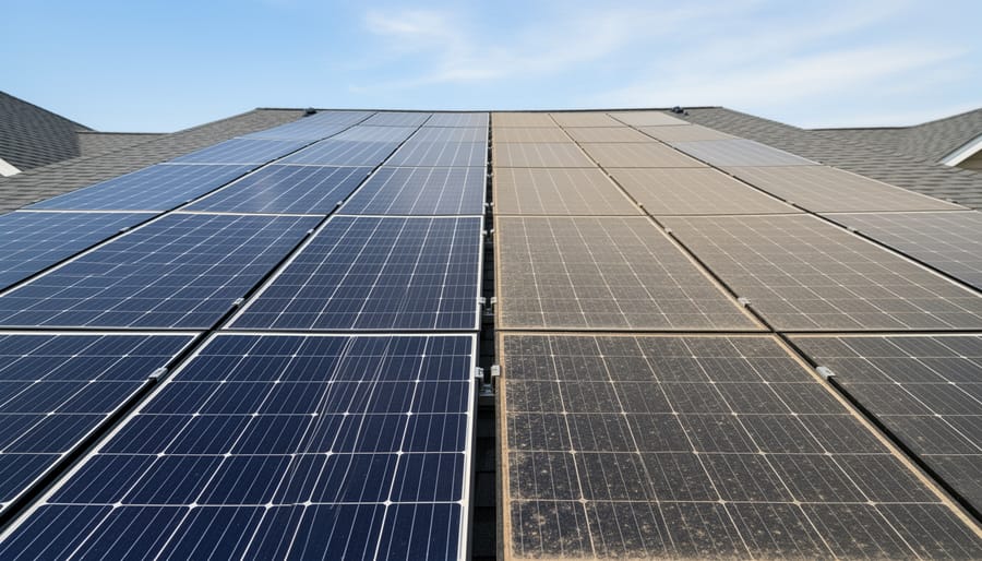 Close-up of aged solar panel showing surface degradation after years of use