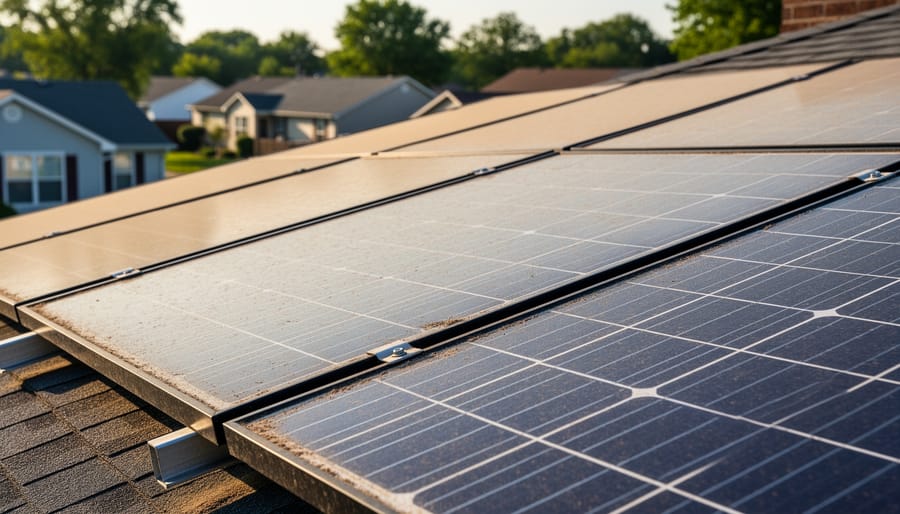 Aged residential solar panels on rooftop showing wear after years of operation