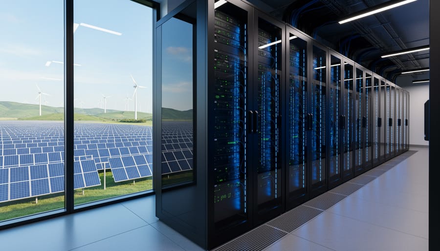 Data center server racks with solar panels showing integration of AI technology and renewable energy