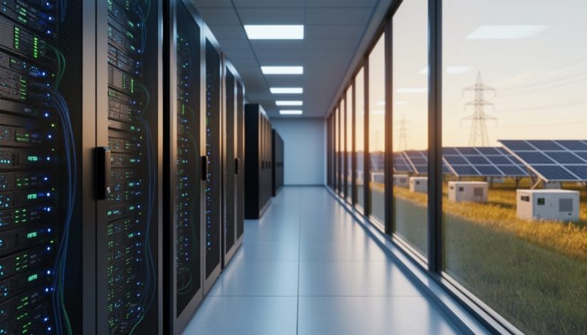 Illuminated server racks inside a modern data center next to a large window that looks out onto an adjacent solar panel field at sunset, with battery storage units and distant transmission lines softly blurred in the background.