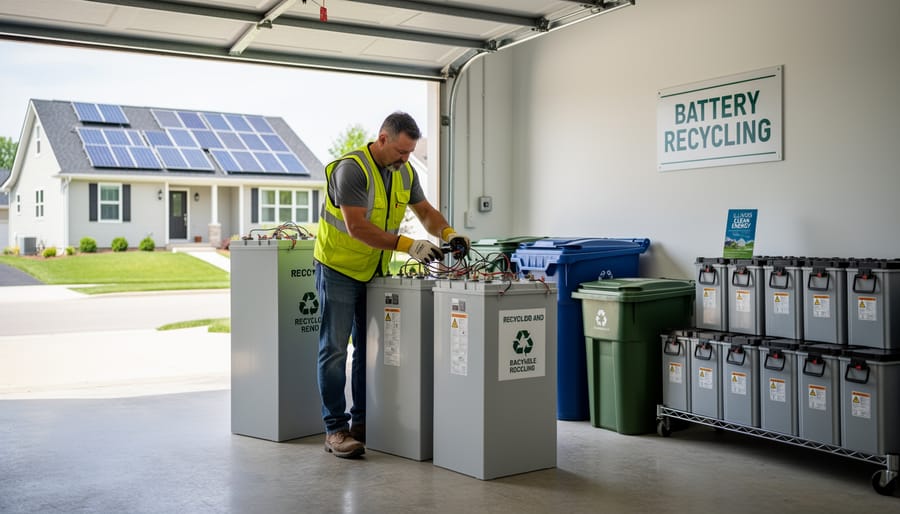Technician safely handling lithium-ion battery storage unit for recycling