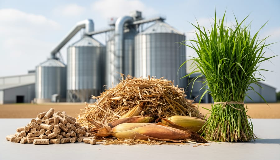Various biomass energy sources including wood pellets and agricultural materials