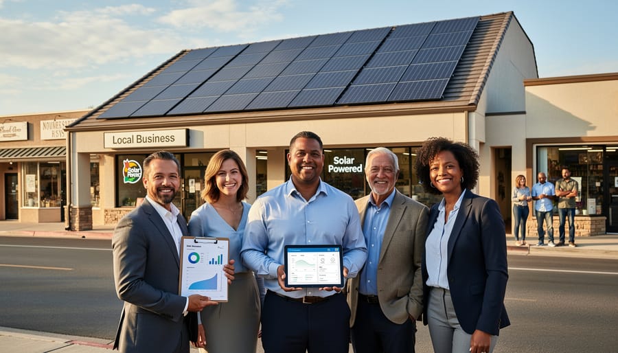 Business owner standing in front of commercial building with solar panels installed on roof