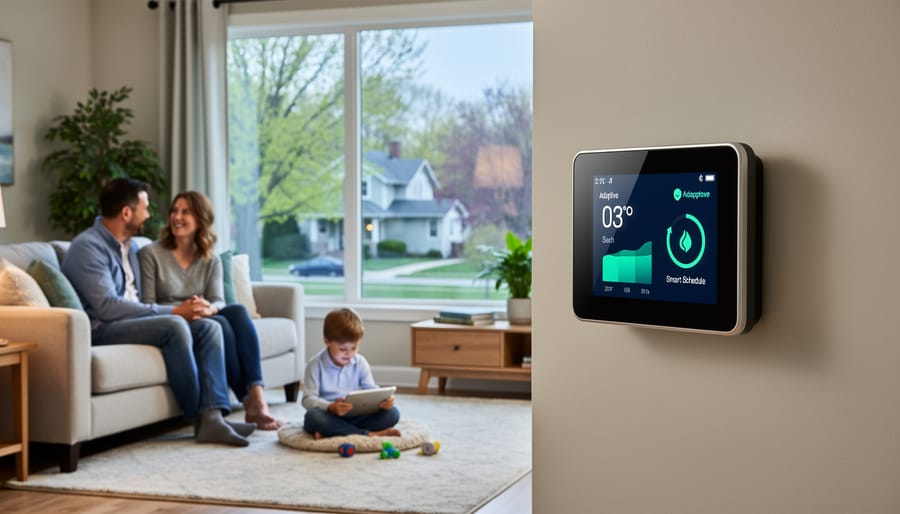 Family relaxing comfortably in well-heated home during Illinois winter