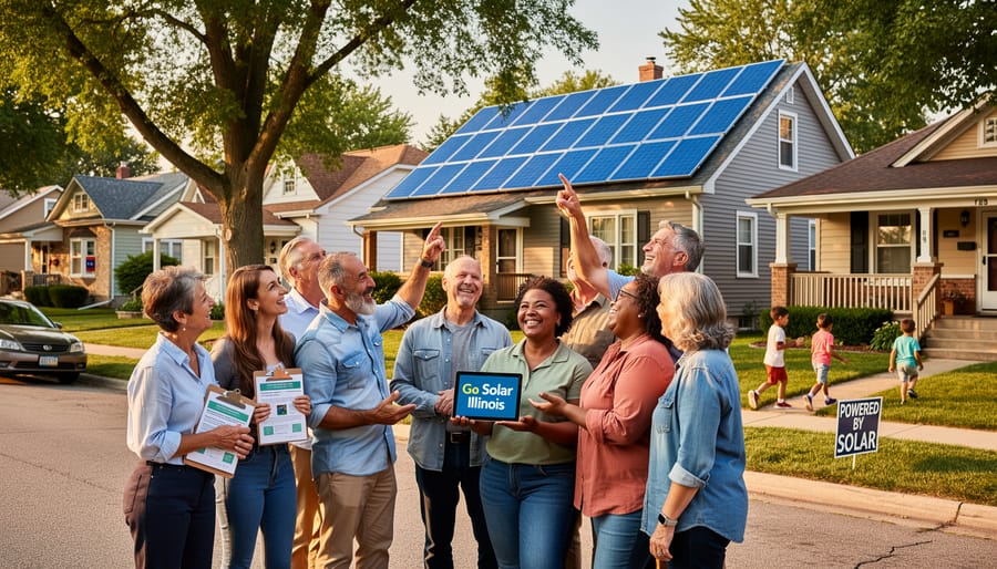 Neighbors gathering in residential street discussing solar panels visible on nearby homes