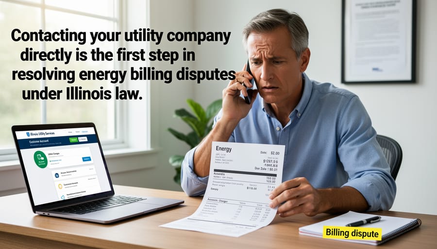 Person using smartphone to contact utility company while taking notes about energy bill dispute