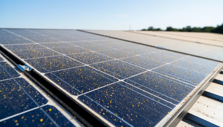 Solar panels on residential roof showing dirt and debris accumulation reducing efficiency