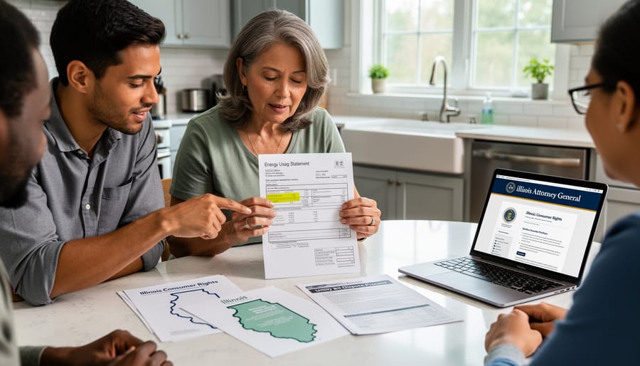 Homeowner reviewing energy bills at kitchen table with calculator and laptop