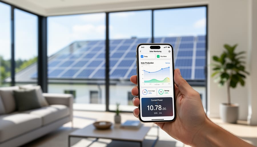 Homeowner checking solar system performance on smartphone app in front of solar-equipped house