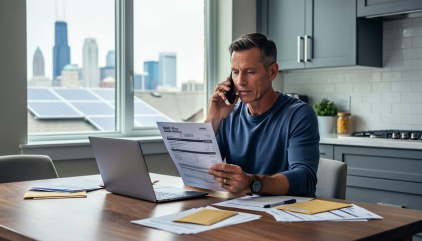 Homeowner at a kitchen table in Illinois holding a phone to their ear while reviewing a utility bill beside a laptop, with soft daylight, blurred Chicago skyline through a window, distant rooftop solar panels, and scattered paperwork and pen in view.