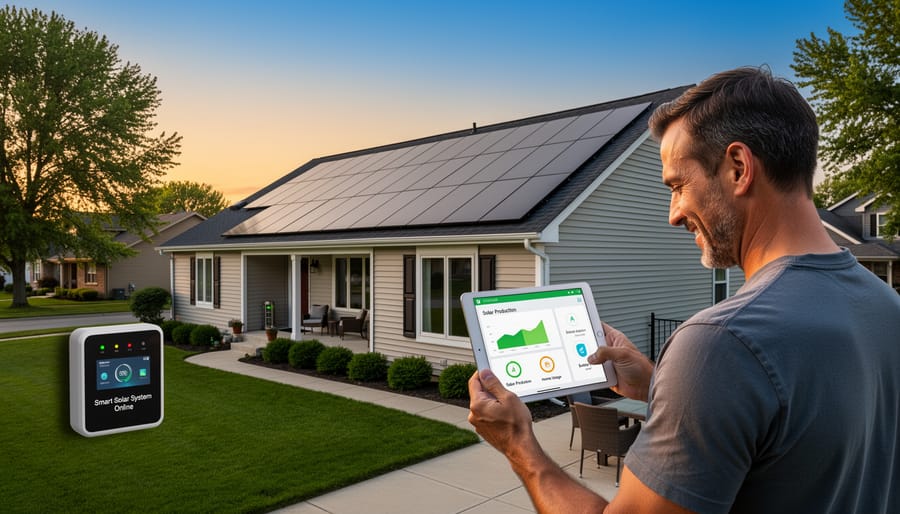 Modern Illinois home with solar panel installation at sunset