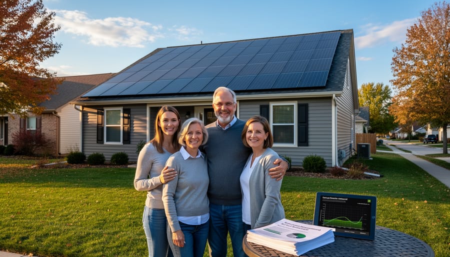 Solar panels installed on Illinois residential home rooftop under partly cloudy sky