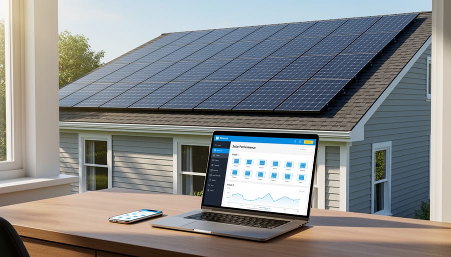 Aerial view of residential solar panel installation on Illinois suburban home