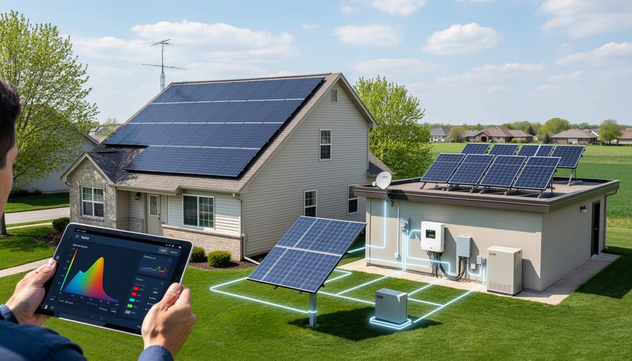 Aerial view of residential solar panel installation on Illinois home rooftop