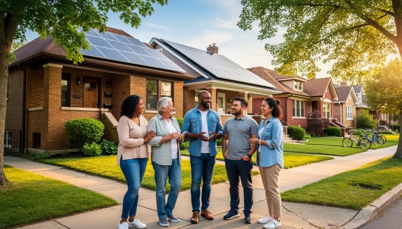 Diverse group of homeowners talking on a tree-lined Illinois neighborhood sidewalk with multiple houses showing rooftop solar panels in warm golden-hour light.