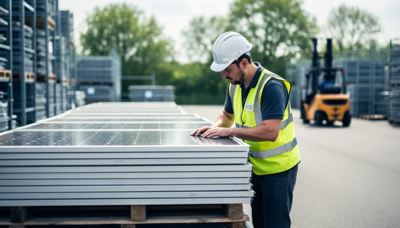 Technician in hard hat and high-visibility vest inspects decommissioned solar panels stacked on wooden pallets at a recycling facility, with forklift and warehouse racks softly blurred under bright overcast light.
