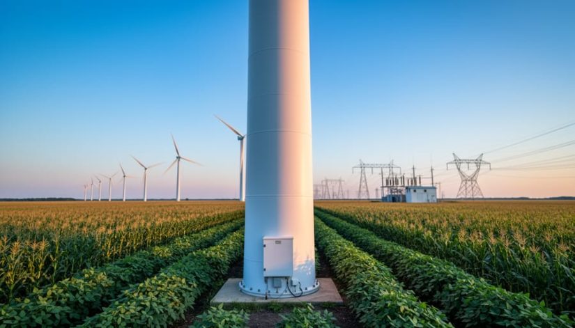 Large wind turbines over Illinois corn and soybean fields at golden hour, with a prominent foreground turbine and a distant electrical substation and transmission lines in soft focus.