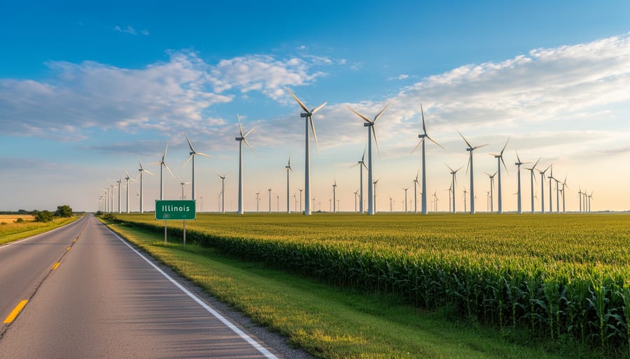 Illinois prairie landscape with wind turbines on horizon showing regional wind energy potential