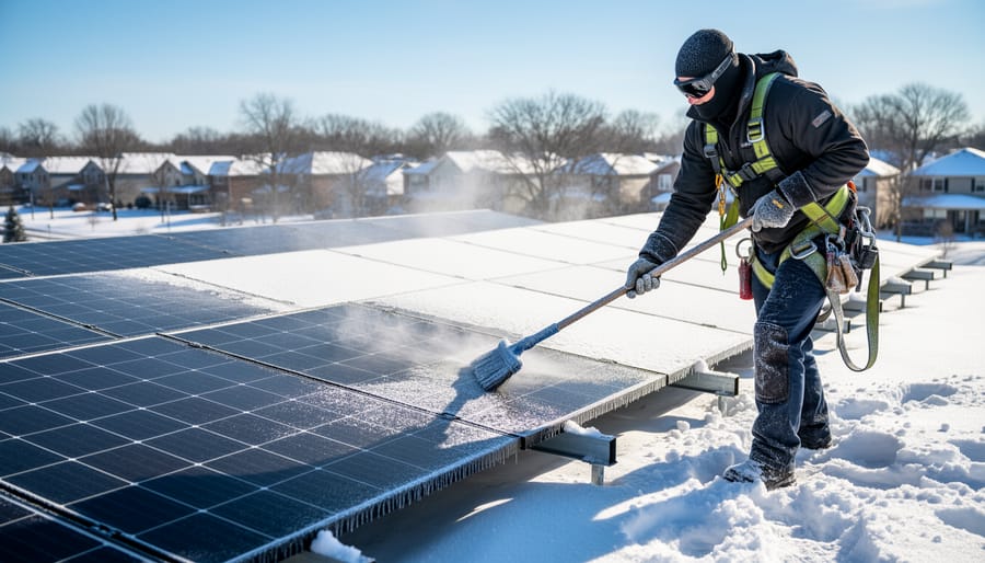 Commercial solar panel installation in Illinois during winter conditions with snow