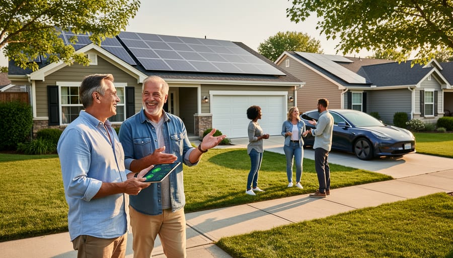 Two neighbors talking over fence with solar panels visible on house roof in background