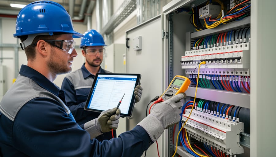 Solar maintenance technician inspecting electrical connections on solar panel system