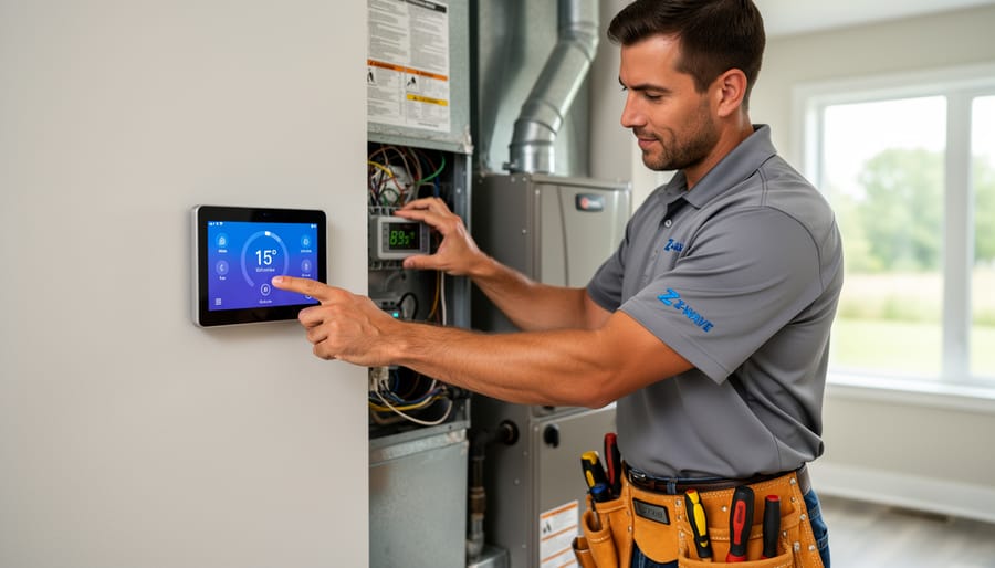 HVAC technician professionally installing smart thermostat with proper wiring
