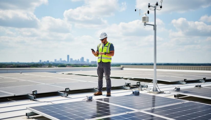 Technician inspecting rooftop solar panels equipped with compact wireless sensors and a small weather station mast, holding a smartphone turned away, under bright overcast skies with a blurred Midwestern skyline in the background.