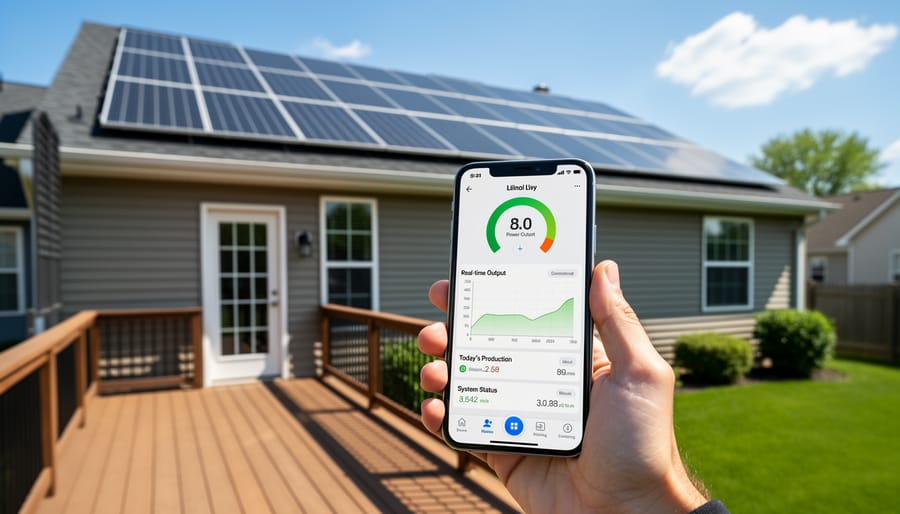 Homeowner checking solar system performance on smartphone app with solar panels visible in background