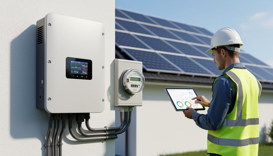 Modern solar inverter with communication connections mounted on residential home exterior