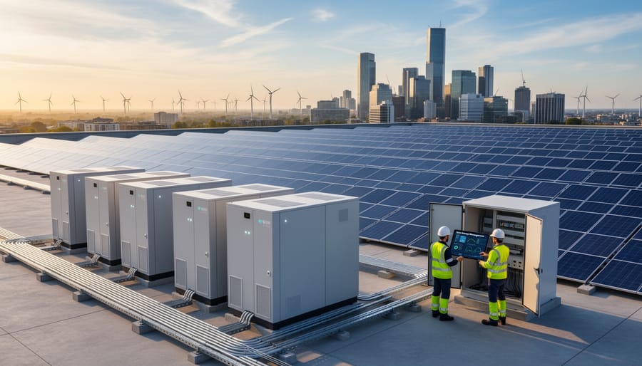 Residential solar panel installation with battery storage system showing integrated renewable energy setup
