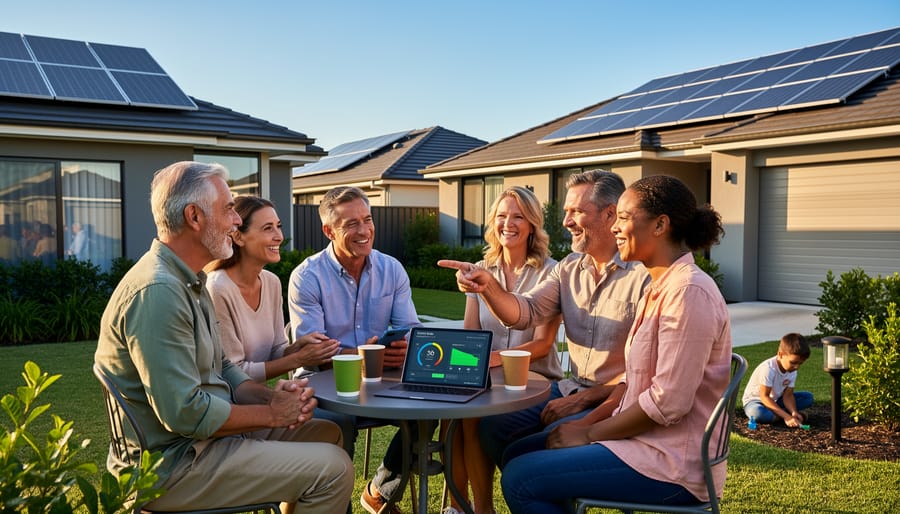 Group of homeowners standing together in residential neighborhood with solar panels on rooftops
