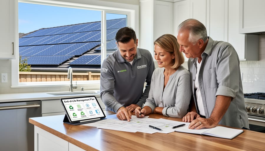 Homeowner and solar installer discussing solar panel installation on residential roof