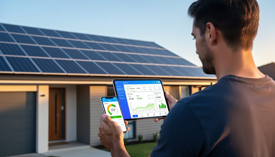 Homeowner checking solar system performance on smartphone app with solar panels visible through window