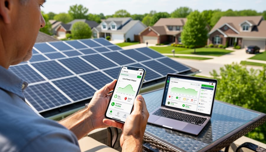 Person viewing solar monitoring dashboard on smartphone with solar panels in background