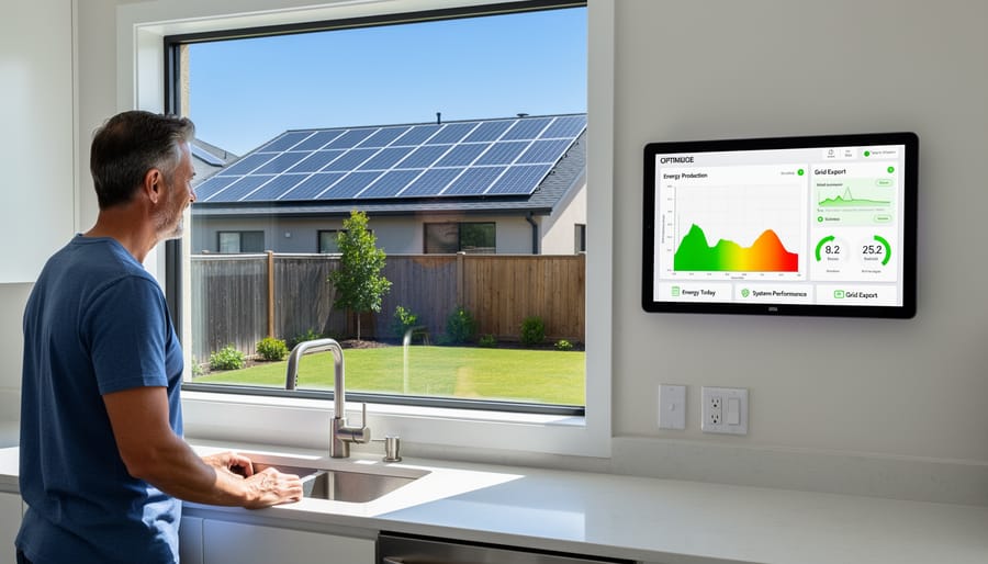 Solar panel array installed on residential rooftop with monitoring equipment