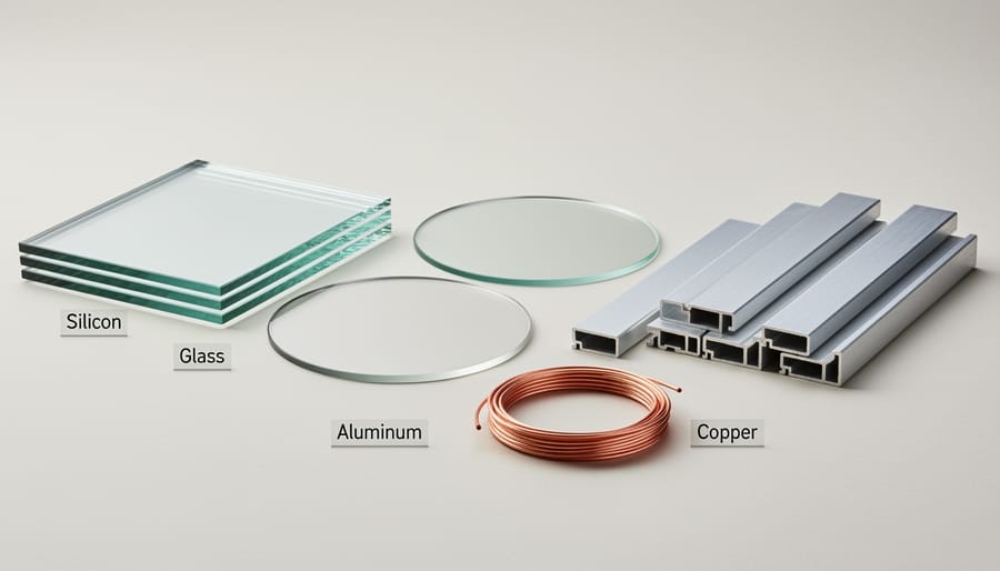 Deconstructed solar panel components showing recyclable materials including silicon, aluminum, and copper